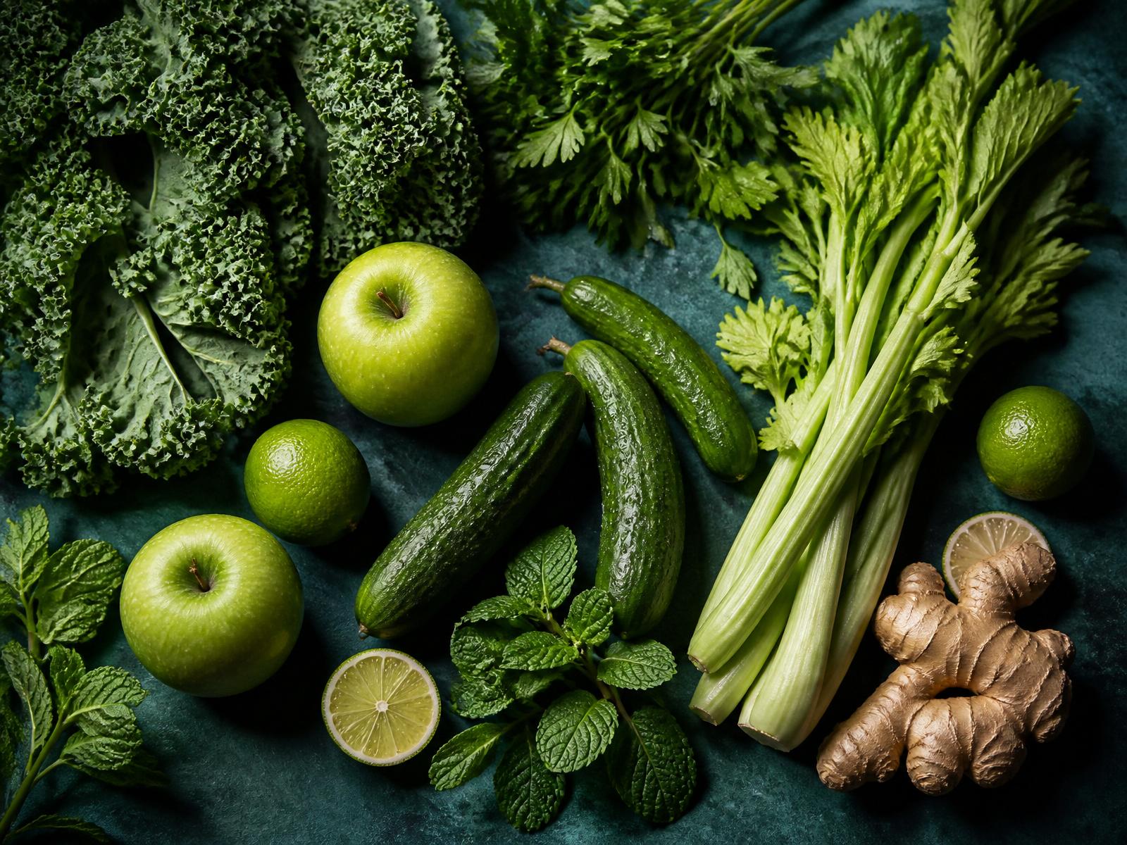 Overhead flat lay of fresh whole green produce on a deep teal surface